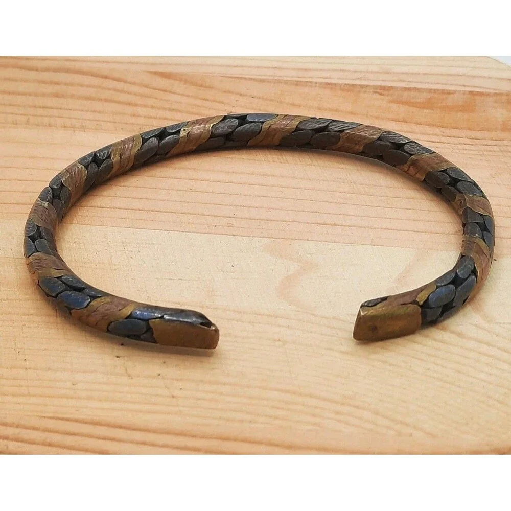 Vintage Tri Three Tone Twisted Metal Unisex Cuff Bracelet Copper Brass XLNT